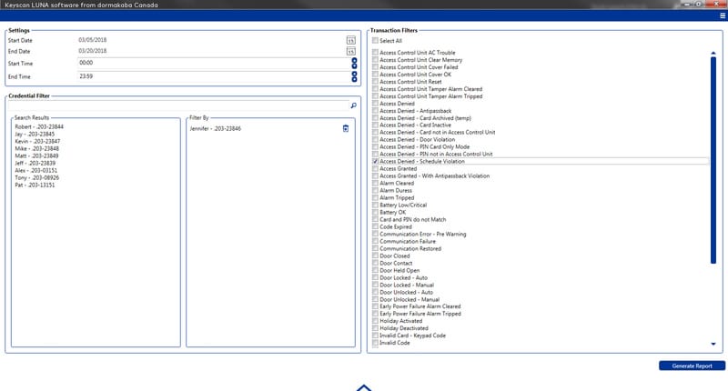 Keyscan LUNA Software Screenshot - Transactions Screen